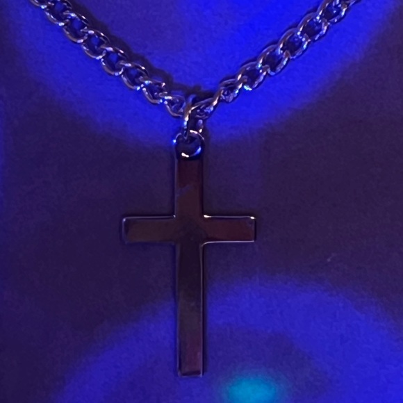 Stainless Steel Necklaces Cuban Link Chain Silver Layered Cross Pendant - Picture 6 of 6